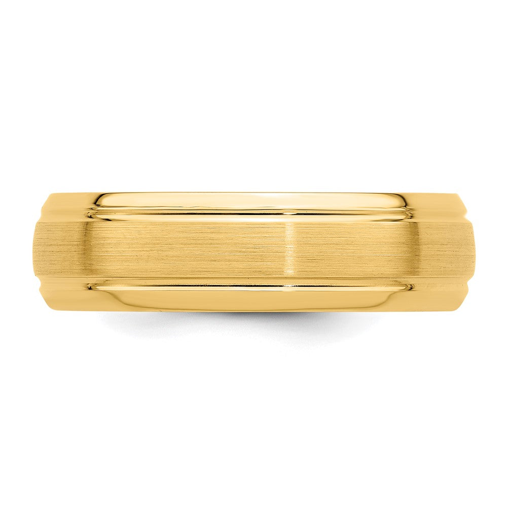 14k Yellow Gold 6mm Heavyweight Comfort Fit Brushed Satin Line Edge Wedding Band