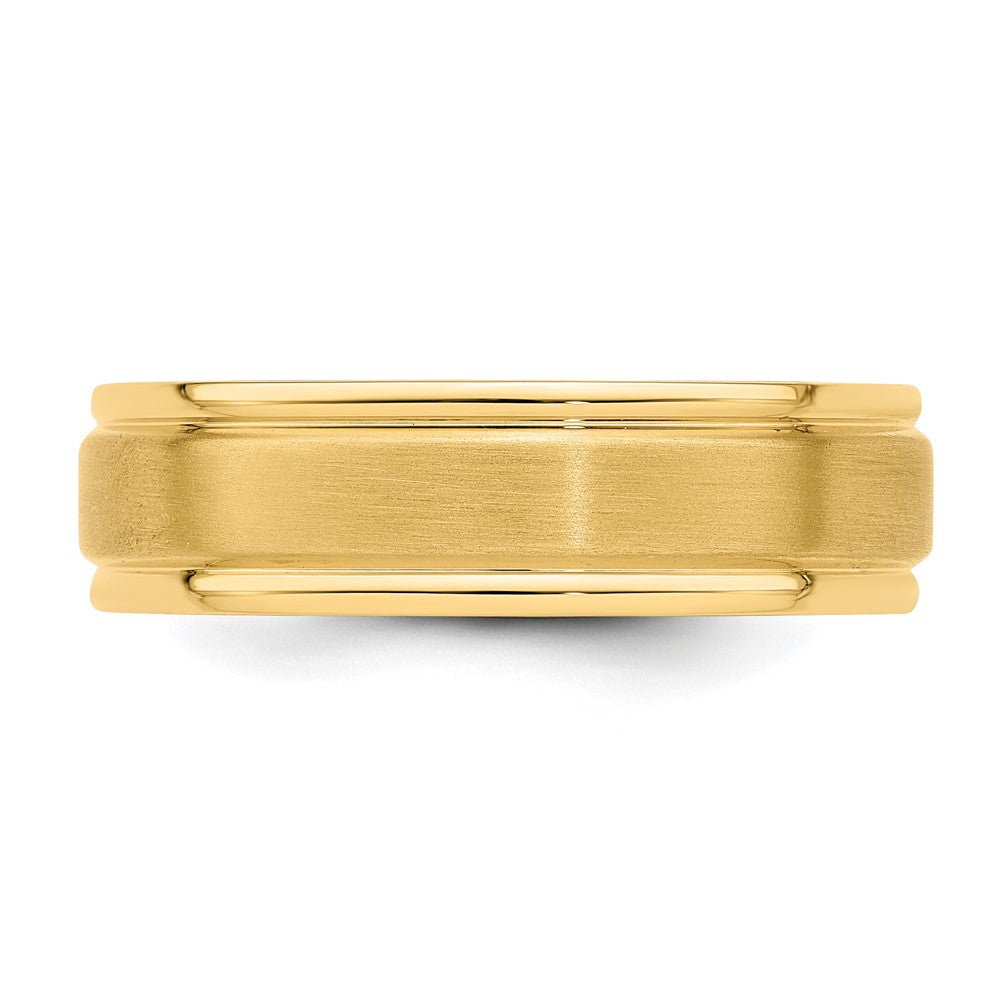 14k Yellow Gold 6mm Standard Weight Comfort Fit Brushed Satin/Polished Grooved Edge Wedding Band