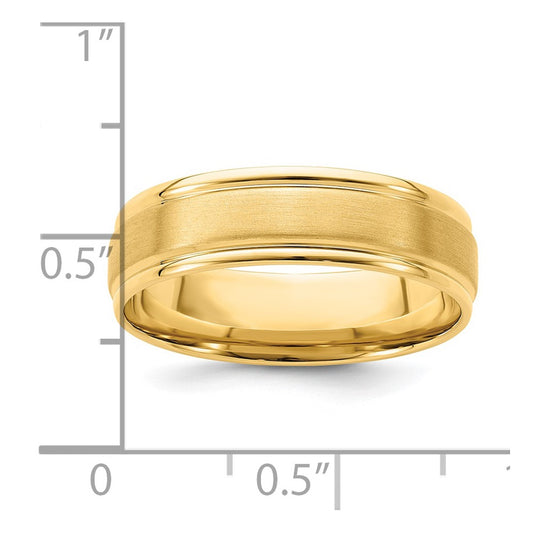 14k Yellow Gold 6mm Heavyweight Comfort Fit Brushed Satin/Polished Grooved Edge Wedding Band