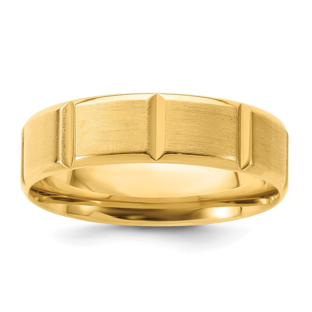 14k Yellow Gold 6mm Standard Weight Comfort Fit Brushed/Polished Beveled Edge with Vertical Lines Wedding Band