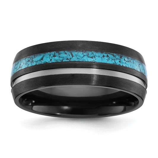 Chisel Black Zirconium Brushed and Polished with Imitation Turquoise Inlay 8mm Band