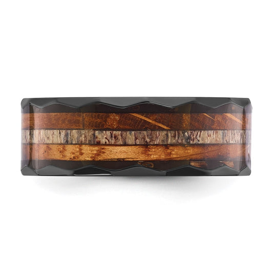 Chisel Black Zirconium Polished Faceted with Wood and Deer Antler Inlay 8mm Band
